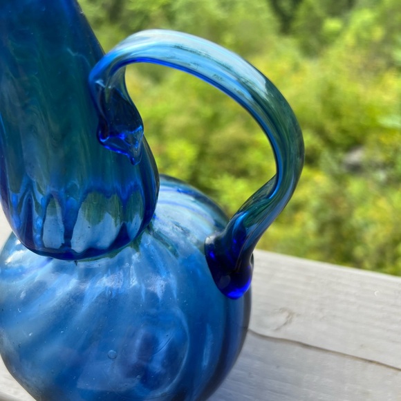 set of 2 vintage blue vases, blown glass swirl and stoneware - Picture 9 of 15